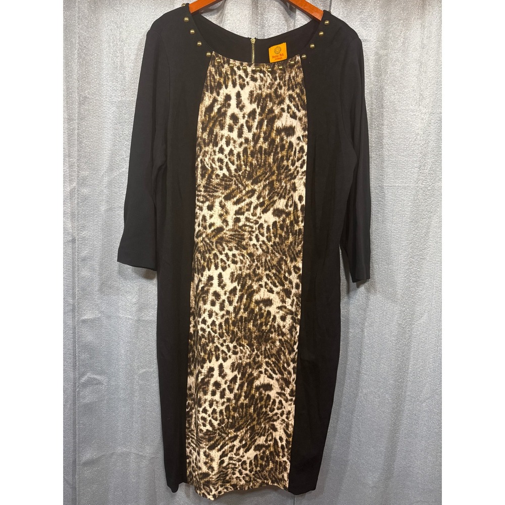 Ruby Rd Woman 16W Black Leopard Print Studded Sheath Dress Gold Back Zip 3/4 Slv